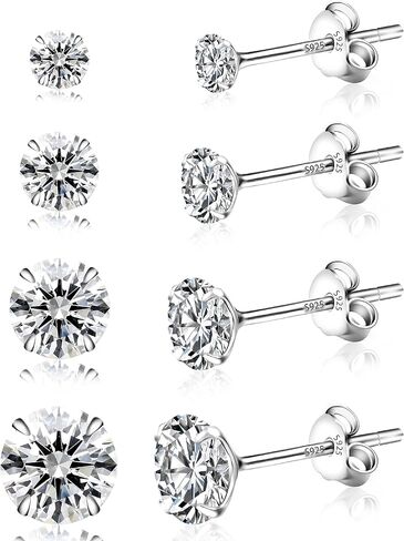 4 Pairs 925 Sterling Silver Stud Earrings for Women, Cubic Zirconia 5A+ Earring Set (3/4/5/6 mm) for Cartilage Earring Stacks, Hypoallergenic Shiny CZ Studs for Sensitive Ears, Everyday Jewelry Gift Set in Saudi Arabia