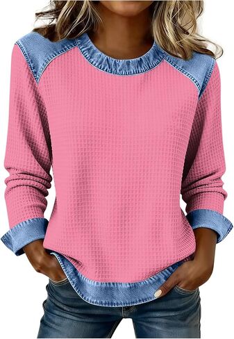 Denim Sweatshirt for Women Collar Long Sleeve Pullover Shirts Waffle Knit Cute Tops Vintage Waffle Casual Clothes 2026 in Saudi Arabia