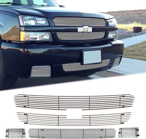 Chrome Front Grill Grille fits 2003 2004 2005 Chevy Silverado 1500 SS Billet Grille Combo Aluminum Grill Insert Polished (5pcs) (Chrome) in Saudi Arabia