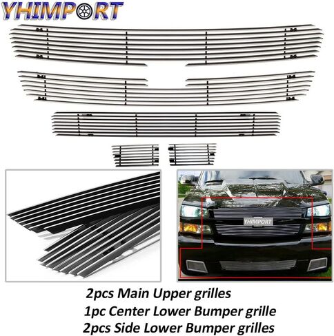 Chrome Front Grill Grille fits 2003 2004 2005 Chevy Silverado 1500 SS Billet Grille Combo Aluminum Grill Insert Polished (5pcs) (Chrome) in Saudi Arabia