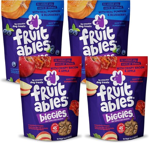 Fruitables Biggies Dog Biscuits - Crunchy Dog Biscuits Made with Pumpkin - Healthy Dog Treats Packed with - Free of Wheat, Corn and Soy - Pumpkin & Blueberry, Crispy Bacon & Apple - 16 Oz (4 pk) in Kuwait