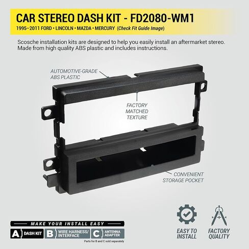 Scosche FD2080 Single DIN Radio Install Dash Kit and Pocket Compatible with Select 1995-11 Ford, Lincoln, Mazda and Mercury Vehicles - Aftermarket Car Stereo Installation Kit - Does Not Fit Double DIN in Saudi Arabia