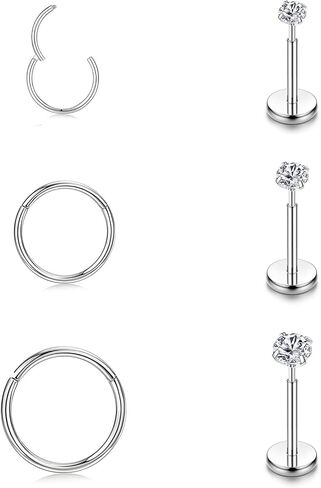 6Pcs 316L Surgical Steel Hinged Clicker Hoops for Women Men, 16G Flat Back Earrings Stud Threadless Piercing Kit for Tragus/Conch/Rook/Daith/Lip/Labret/Septum/Nose Rings Hypoallergenic Jewelry in Saudi Arabia