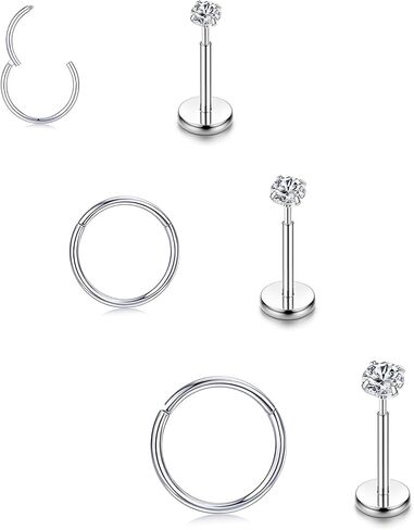 6Pcs 316L Surgical Steel Hinged Clicker Hoops for Women Men, 16G Flat Back Earrings Stud Threadless Piercing Kit for Tragus/Conch/Rook/Daith/Lip/Labret/Septum/Nose Rings Hypoallergenic Jewelry in Saudi Arabia