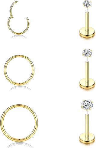 6Pcs 316L Surgical Steel Hinged Clicker Hoops for Women Men, 16G Flat Back Earrings Stud Threadless Piercing Kit for Tragus/Conch/Rook/Daith/Lip/Labret/Septum/Nose Rings Hypoallergenic Jewelry in Saudi Arabia