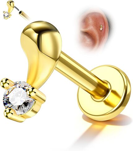 cocharm 16g مسمار القرط الحلزون الخلفي المسطح، بدون خيوط 7-8mm الذهب الحلزون الزنمة الغضروف ثقب المجوهرات، تصميم مشترك دفع دبوس محارة الشفاه مجوهرات labret مع عمود التيتانيوم in Saudi Arabia