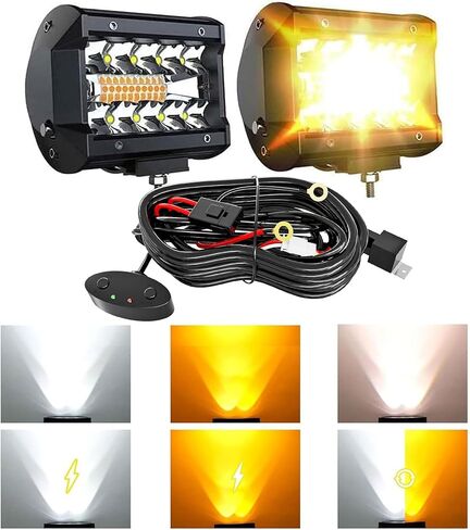 ASLONG 4 قطع 4 بوصة LED القرون الأضواء القوية، أبيض / كهرماني أصفر LED شريط إضاءة القيادة الضباب الطرق الوعرة مكعب ضوء مع أنبوب المشبك تركيب UTV علم جبل سوط ضوء جبل عدة لشاحنات ATV UTV مع مجموعة الأسلاك in Saudi Arabia