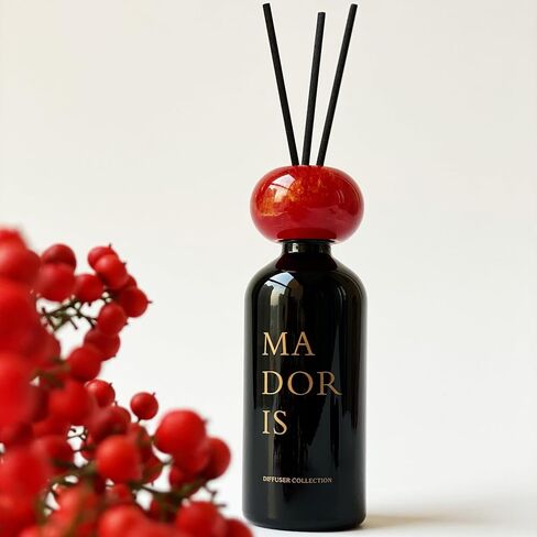 Midnight Kiss Reed Diffuser, Subtle Bedroom Home Fragrance, Floral Amber with Jasmine & Rose and Sandalwood, Black Glass Bottle with Red Marble Cap, 100ml, Gift Ready in Saudi Arabia
