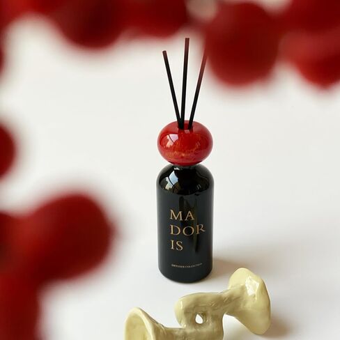 Midnight Kiss Reed Diffuser, Subtle Bedroom Home Fragrance, Floral Amber with Jasmine & Rose and Sandalwood, Black Glass Bottle with Red Marble Cap, 100ml, Gift Ready in Saudi Arabia