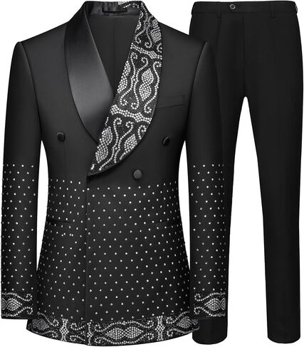 Men's Black Double Breasted Suit Set with Crystal Rhinestone Embellished Shawl Lapel and Cuffs Tuxedo Set in Saudi Arabia