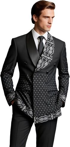 Men's Black Double Breasted Suit Set with Crystal Rhinestone Embellished Shawl Lapel and Cuffs Tuxedo Set in Saudi Arabia