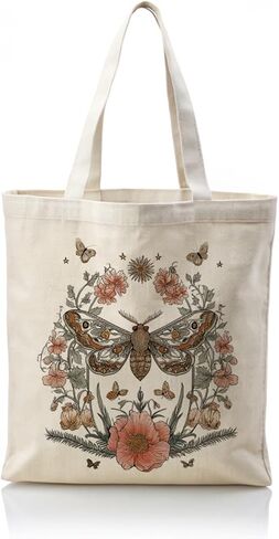 Aesthetic Moth Floral Art Canvas Tote Bag, Vintage Inspired Botanical Design Handbag, Insect Artwork Reusable Shopping Bag, Aesthetic Shoulder Tote for Daily Use and Work in Saudi Arabia
