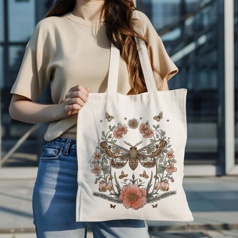 Aesthetic Moth Floral Art Canvas Tote Bag, Vintage Inspired Botanical Design Handbag, Insect Artwork Reusable Shopping Bag, Aesthetic Shoulder Tote for Daily Use and Work in Saudi Arabia