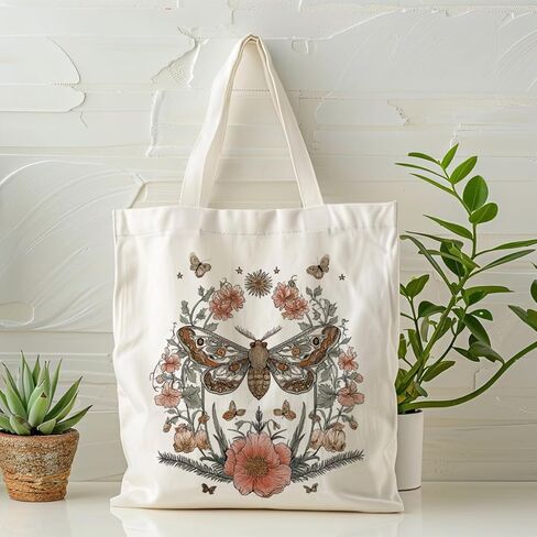 Aesthetic Moth Floral Art Canvas Tote Bag, Vintage Inspired Botanical Design Handbag, Insect Artwork Reusable Shopping Bag, Aesthetic Shoulder Tote for Daily Use and Work in Saudi Arabia