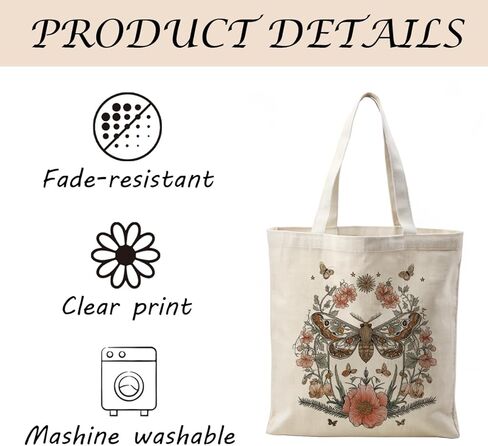 Aesthetic Moth Floral Art Canvas Tote Bag, Vintage Inspired Botanical Design Handbag, Insect Artwork Reusable Shopping Bag, Aesthetic Shoulder Tote for Daily Use and Work in Saudi Arabia