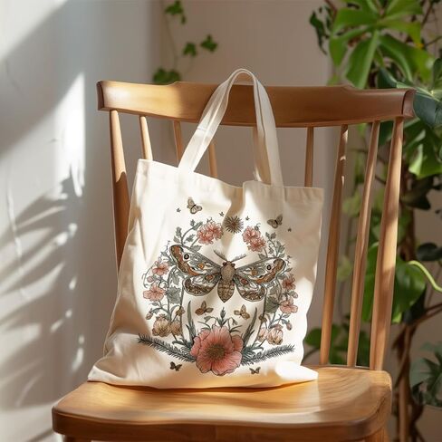 Aesthetic Moth Floral Art Canvas Tote Bag, Vintage Inspired Botanical Design Handbag, Insect Artwork Reusable Shopping Bag, Aesthetic Shoulder Tote for Daily Use and Work in Saudi Arabia