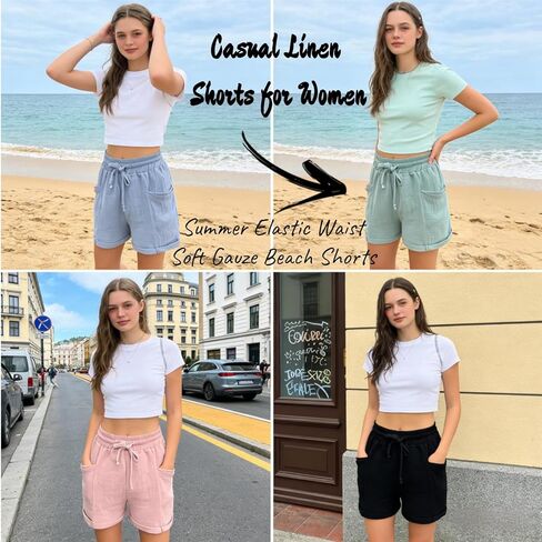 Summer Linen Shorts for Women Casual, Elastic Waist Soft Loose Beach Shorts, Gauze High Waisted Cotton Lounge Short in Saudi Arabia