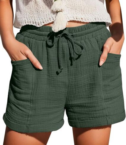 Summer Linen Shorts for Women Casual, Elastic Waist Soft Loose Beach Shorts, Gauze High Waisted Cotton Lounge Short in Saudi Arabia