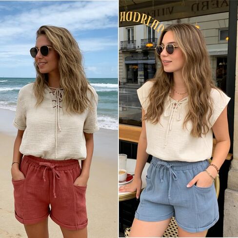Summer Linen Shorts for Women Casual, Elastic Waist Soft Loose Beach Shorts, Gauze High Waisted Cotton Lounge Short in Saudi Arabia