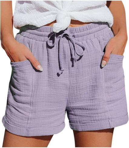 Summer Linen Shorts for Women Casual, Elastic Waist Soft Loose Beach Shorts, Gauze High Waisted Cotton Lounge Short in Saudi Arabia