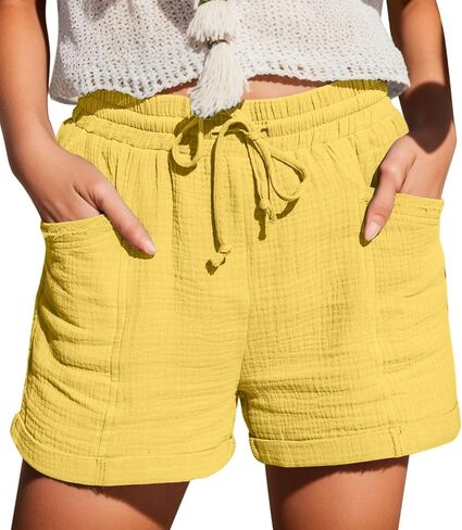 Summer Linen Shorts for Women Casual, Elastic Waist Soft Loose Beach Shorts, Gauze High Waisted Cotton Lounge Short in Saudi Arabia