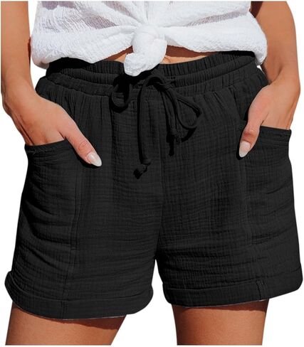Summer Linen Shorts for Women Casual, Elastic Waist Soft Loose Beach Shorts, Gauze High Waisted Cotton Lounge Short in Saudi Arabia