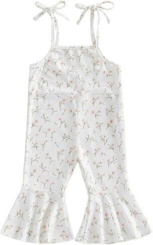 بذلة أطفال مضيئة منقوشة بطباعة منقوشة وكتف وواسعة الساق وزرة للأطفال الصغار مكشكشة بدون أكمام وحزام in Kuwait