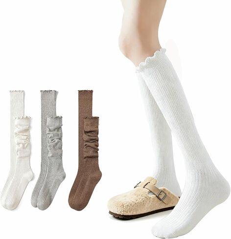 Moonlik Women Ruffle Knee High Boot Socks, Turn Cuff Knit, Breathable Cute Frilly Lettuce Dress Socks, 3 Pairs in Saudi Arabia