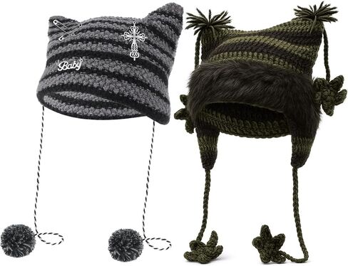 Crochet Hats for Women 2-Piece, Cat Slouchy Beanie Y2K Grunge Knit Beanies Hat Vintage Warm Accessories for Women Girls in Saudi Arabia