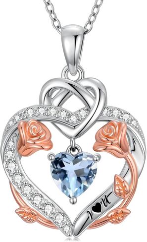 Rose Heart Birthstone Necklace for Women Mom,925 Sterling Silver Birthstone Pendant Necklace Rose Flower Heart Necklace Anniversary Birthday Gifts for Her Wife in Kuwait