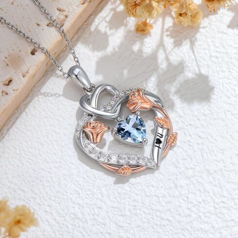 Rose Heart Birthstone Necklace for Women Mom,925 Sterling Silver Birthstone Pendant Necklace Rose Flower Heart Necklace Anniversary Birthday Gifts for Her Wife in Kuwait