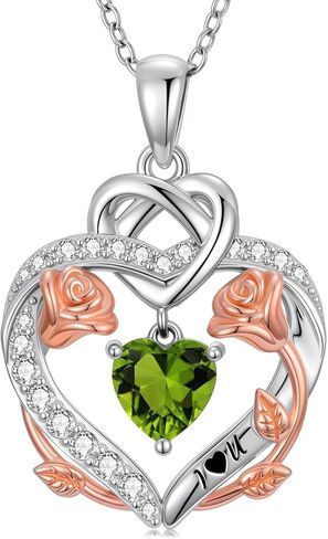 Rose Heart Birthstone Necklace for Women Mom,925 Sterling Silver Birthstone Pendant Necklace Rose Flower Heart Necklace Anniversary Birthday Gifts for Her Wife in Kuwait