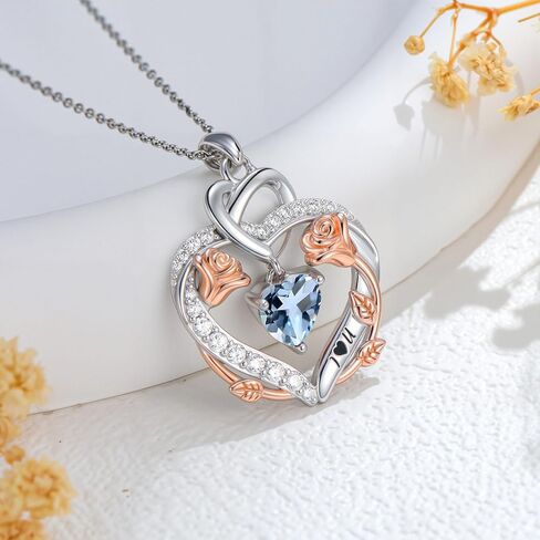 Rose Heart Birthstone Necklace for Women Mom,925 Sterling Silver Birthstone Pendant Necklace Rose Flower Heart Necklace Anniversary Birthday Gifts for Her Wife in Kuwait