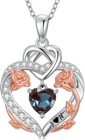 Rose Heart Birthstone Necklace for Women Mom,925 Sterling Silver Birthstone Pendant Necklace Rose Flower Heart Necklace Anniversary Birthday Gifts for Her Wife in Kuwait