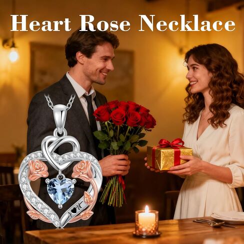 Rose Heart Birthstone Necklace for Women Mom,925 Sterling Silver Birthstone Pendant Necklace Rose Flower Heart Necklace Anniversary Birthday Gifts for Her Wife in Kuwait