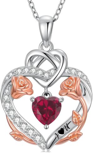 Rose Heart Birthstone Necklace for Women Mom,925 Sterling Silver Birthstone Pendant Necklace Rose Flower Heart Necklace Anniversary Birthday Gifts for Her Wife in Kuwait