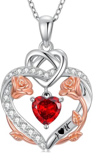 Rose Heart Birthstone Necklace for Women Mom,925 Sterling Silver Birthstone Pendant Necklace Rose Flower Heart Necklace Anniversary Birthday Gifts for Her Wife in Kuwait