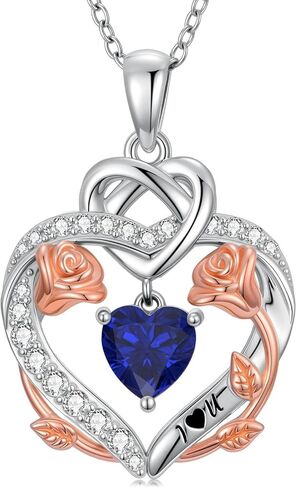 Rose Heart Birthstone Necklace for Women Mom,925 Sterling Silver Birthstone Pendant Necklace Rose Flower Heart Necklace Anniversary Birthday Gifts for Her Wife in Kuwait