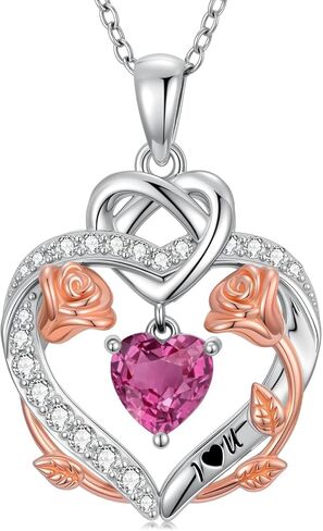 Rose Heart Birthstone Necklace for Women Mom,925 Sterling Silver Birthstone Pendant Necklace Rose Flower Heart Necklace Anniversary Birthday Gifts for Her Wife in Kuwait