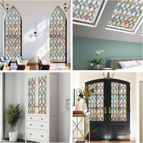 فيلم الخصوصية للنافذة، ملصق زجاجي ثابت مزخرف بألوان قوس قزح، بدون غراء، لون نافذة قابل للإزالة مع أدوات التثبيت، غطاء زجاجي للباب الأمامي مضاد للأشعة فوق البنفسجية للمنزل، 17.7 بوصة × 78.7 بوصة in Kuwait