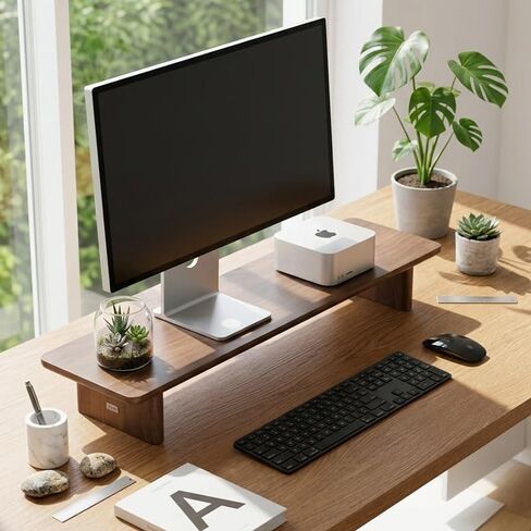 حامل شاشة بقشرة خشب الجوز البسيط - حامل مكتب بشاشة واحدة مع حبيبات الخشب الطبيعي لأجهزة iMac ومساحات العمل الحديثة (جوز، متوسط) in Kuwait