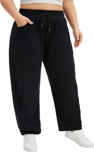 SEKINO Women's Plus Size Barrel Leg Sweatpants High Waisted Wide Leg Casual Cotton Sweat Pants with Pockets Drawstring in Kuwait