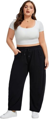 SEKINO Women's Plus Size Barrel Leg Sweatpants High Waisted Wide Leg Casual Cotton Sweat Pants with Pockets Drawstring in Kuwait