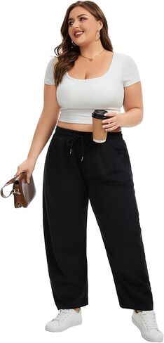 SEKINO Women's Plus Size Barrel Leg Sweatpants High Waisted Wide Leg Casual Cotton Sweat Pants with Pockets Drawstring in Kuwait