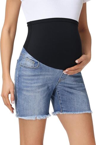 V VOCNI شورت جينز للأمومة للنساء فوق البطن قابل للتمدد من قماش الدنيم قصير للصيف بحاشية خام Jorts شورت طويل للحمل in Saudi Arabia