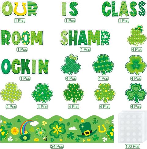 مجموعة تزيين لوحة إعلانات عيد القديس باتريك، قطع شامروك، حدود البرسيم لفصل الربيع، ديكور حفلات المدرسة، الحائط in Kuwait