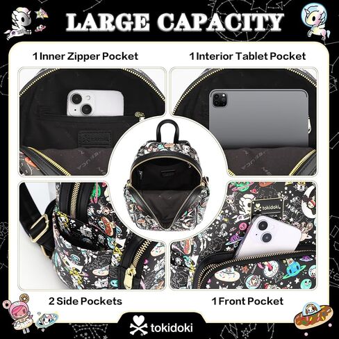 حقيبة ظهر صغيرة من Tokidoki للنساء، حقيبة كتف من جلد البولي يوريثان الأسود Unicorno حقيبة يد للعمل والتسوق والسفر (PU-أسود) in Saudi Arabia