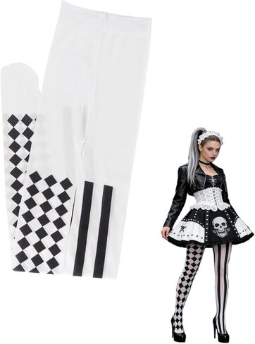 White Asymmetrical Harlequin & Stripe Pattern Tights – Bold Black-White Contrast Pantyhose for Women Halloween Cosplay Trendy Daily Wear in Saudi Arabia