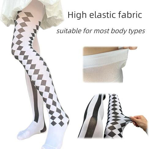 White Asymmetrical Harlequin & Stripe Pattern Tights – Bold Black-White Contrast Pantyhose for Women Halloween Cosplay Trendy Daily Wear in Saudi Arabia
