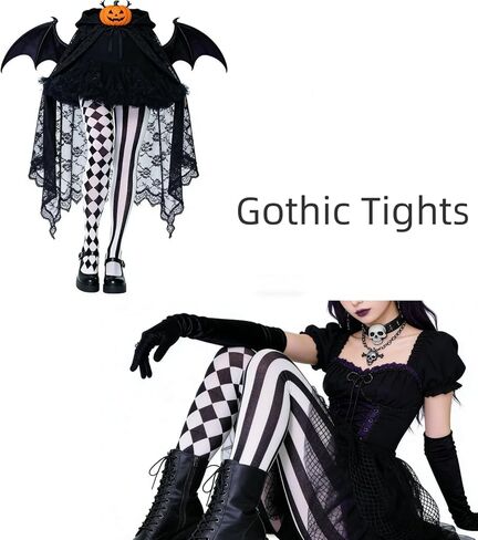 White Asymmetrical Harlequin & Stripe Pattern Tights – Bold Black-White Contrast Pantyhose for Women Halloween Cosplay Trendy Daily Wear in Saudi Arabia